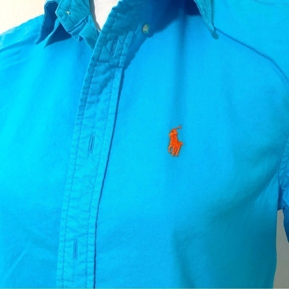 Ralph Lauren Boy Short Sleeve Turquoise Orange Pony Button Down Sz Large (14-16) - Picture 2 of 6